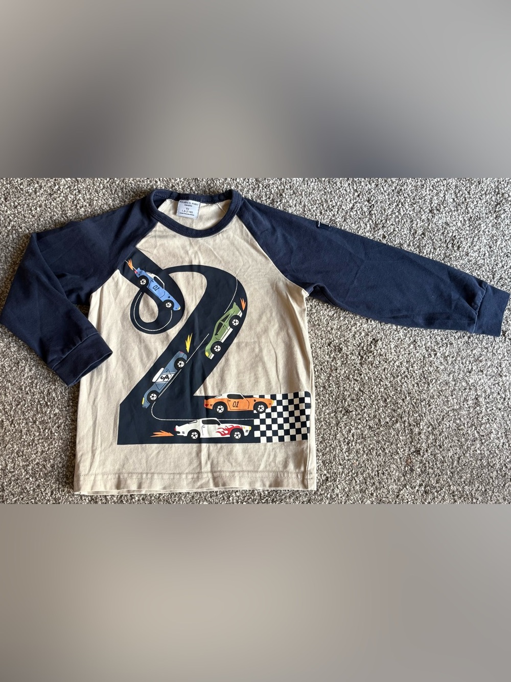 Polarn O. Pyret Navy & Cream Long-Sleeve Race Car Number 2 Tee
